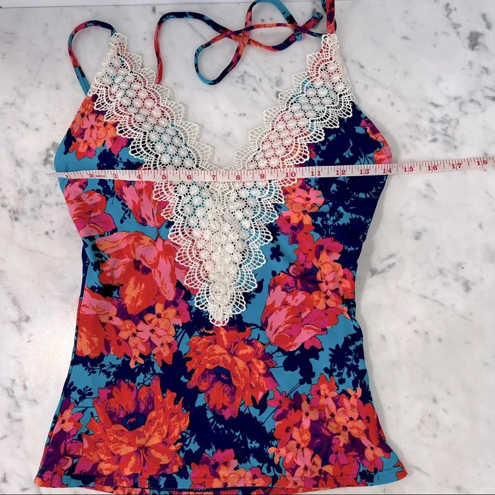 SEA ANGEL Swim Top Tankini Floral Cream Lace Detail Lightly Padded Size …